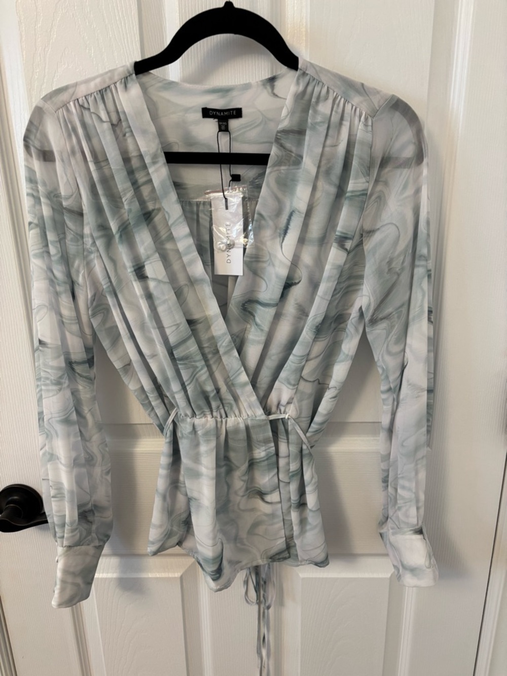 NWT Dynamite Marble-Print Wrap Blouse in Sage and Gray